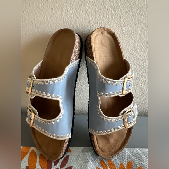 Blue and Cream Birk Style Sandals Size 7.5 - Picture 1 of 6